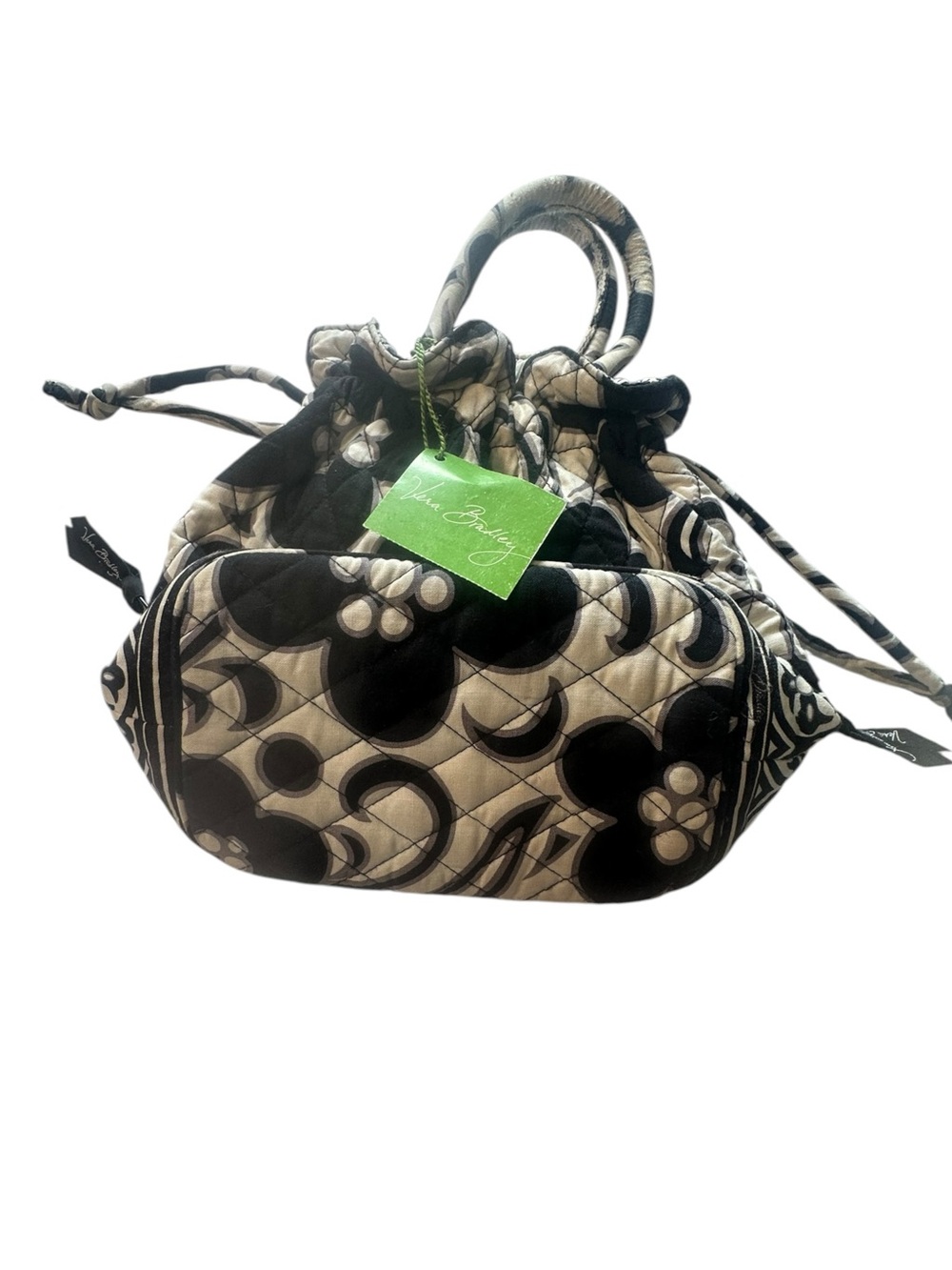 Vera Bradley Quilted Drawstring Handbag Tote Black Cream Floral Purse Retired - Picture 2 of 13